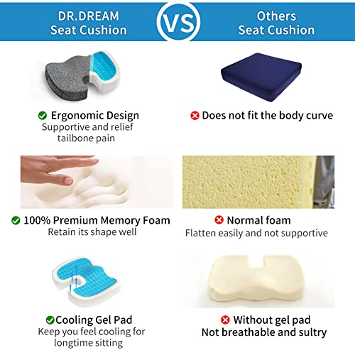 DR.DREAM Gel Seat Cushion, Comfort Orthopedic Memory Foam Coccyx Cushion for Tailbone, Lower Back&Sciatica Pain Relief, Non-Slip Ergonomic Long Sitting Cushion for Office Chair/Car Seat/Wheelchair