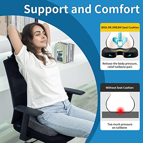 DR.DREAM Gel Seat Cushion, Comfort Orthopedic Memory Foam Coccyx Cushion for Tailbone, Lower Back&Sciatica Pain Relief, Non-Slip Ergonomic Long Sitting Cushion for Office Chair/Car Seat/Wheelchair