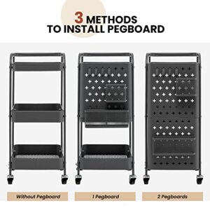 GOFLAME 3-Tier Rolling Cart, Storage Organizer Cart with DIY Dual Pegboards, 2 Baskets, 4 Removable Hooks, Mobile Metal Utility Cart on Wheels, Trolley Service Cart for Kitchen, Office, Garage (Grey)