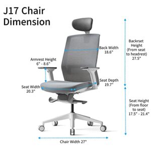 BESTUHL J17 Home Office Desk Chair - Ergonomic, High Back, 3 Lockable Recline Positions, 3-Way Armrest, Adjustable Seat Depth & Lumbar Support, Breathable Mesh Back (White and Grey)