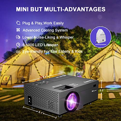 Mini Projector, 1080P Full HD 160” Screen Supported Video Projector, 9000Lux Home Theater Movie Projector Compatible w/Android/iPhone TV Stick HDMI VGA USB AV TF PC Laptop