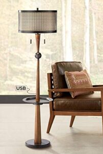 franklin iron works hunter rustic farmhouse vintage floor lamp with tray table and usb port 64.75″ tall painted bronze faux wood oatmeal linen drum shade for living room reading house bedroom home