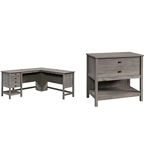 Sauder Cottage Road L-Desk, L: 65.12" x W: 58.66" x H: 29.76", Mystic Oak Finish & Cottage Road Lateral File, L: 32.44" x W: 21.81" x H: 29.76", Mystic Oak Finish