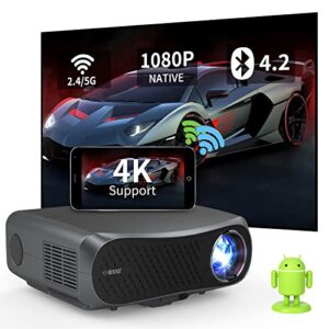 smart android bluetooth projector, wireless 5g wifi mirroring native 1080p projector home theater, 200″ outdoor projector support 4k gaming movie digital zoom 4d keystone for hdmi usb dvd tv stick pc