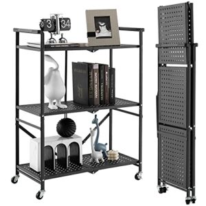 goflame 3-tier rolling cart, folding mesh metal utility cart with handles and lockable wheels, multipurpose storage rack organizer, mobile service cart for living room kitchen office
