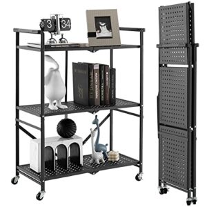 GOFLAME 3-Tier Rolling Cart, Folding Mesh Metal Utility Cart with Handles and Lockable Wheels, Multipurpose Storage Rack Organizer, Mobile Service Cart for Living Room Kitchen Office