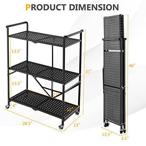 GOFLAME 3-Tier Rolling Cart, Folding Mesh Metal Utility Cart with Handles and Lockable Wheels, Multipurpose Storage Rack Organizer, Mobile Service Cart for Living Room Kitchen Office