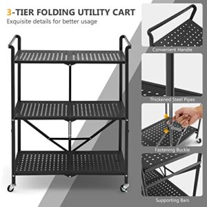 GOFLAME 3-Tier Rolling Cart, Folding Mesh Metal Utility Cart with Handles and Lockable Wheels, Multipurpose Storage Rack Organizer, Mobile Service Cart for Living Room Kitchen Office