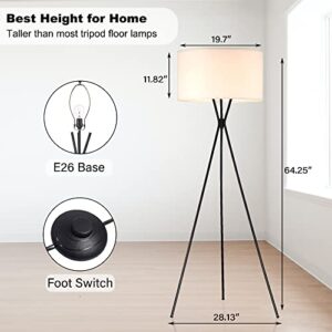 Pia Ricco Tripod Floor Lamp for Living Room, Mid Century Standing Lamp with 3 Lags, Modern Tall Standing Floor Lamp for Bedroom, Flaxen Lamp Shade, E26 Base, Foot Switch