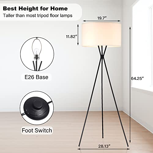 Pia Ricco Tripod Floor Lamp for Living Room, Mid Century Standing Lamp with 3 Lags, Modern Tall Standing Floor Lamp for Bedroom, Flaxen Lamp Shade, E26 Base, Foot Switch