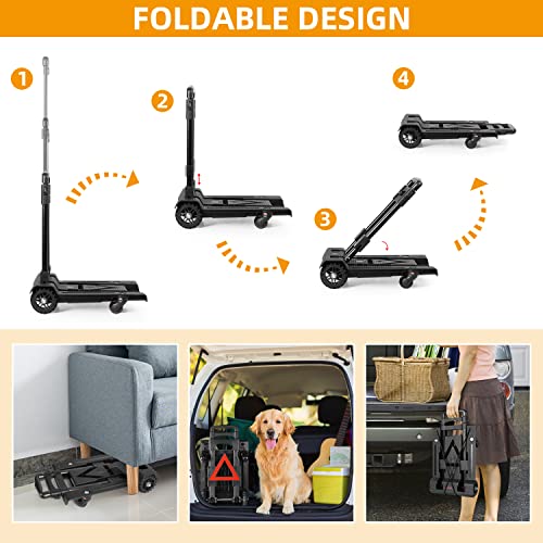 Folding Hand Truck Trolley 80Kg/176Lbs Heavy Duty Luggage Utility Cart with Rotate 4 Wheels Warning Sign Telescoping Handle Portable Fold Up Dolly Bungee Cord for Moving Shopping Travel(Black Pro)