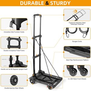 Folding Hand Truck Trolley 80Kg/176Lbs Heavy Duty Luggage Utility Cart with Rotate 4 Wheels Warning Sign Telescoping Handle Portable Fold Up Dolly Bungee Cord for Moving Shopping Travel(Black Pro)