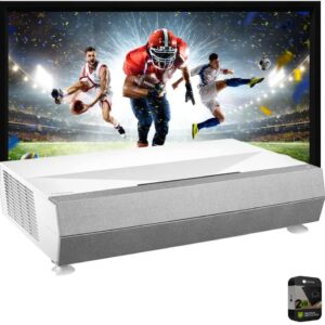 Optoma CinemaX D2 4K UHD Ultra-Short-Throw DLP Projector with HDR, White (2022) Bundle with 120" Home Theater Projector Screen Indoor Outdoor + 2 Year Protection Warranty