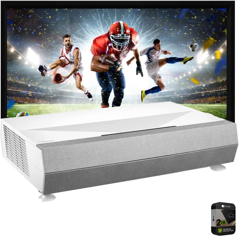 Optoma CinemaX D2 4K UHD Ultra-Short-Throw DLP Projector with HDR, White (2022) Bundle with 120" Home Theater Projector Screen Indoor Outdoor + 2 Year Protection Warranty