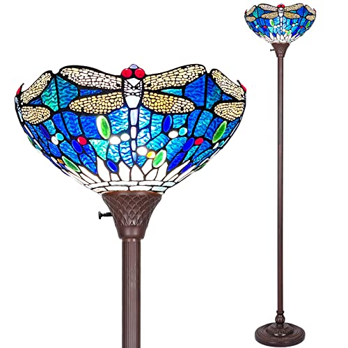 Capulina Sea Blue Tiffany Torchiere Floor Lamp Industrial Dark Bronze Pole Dragonfly Style Stained Glass Standing Light for Living Room Bedroom