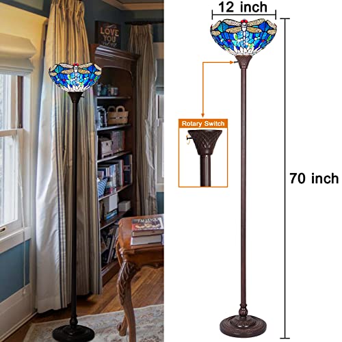 Capulina Sea Blue Tiffany Torchiere Floor Lamp Industrial Dark Bronze Pole Dragonfly Style Stained Glass Standing Light for Living Room Bedroom