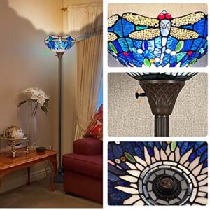 Capulina Sea Blue Tiffany Torchiere Floor Lamp Industrial Dark Bronze Pole Dragonfly Style Stained Glass Standing Light for Living Room Bedroom