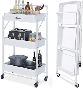 3 tier rolling cart foldable storage cart with wheels no assembly request kitchen utility organizer with handing cup, white