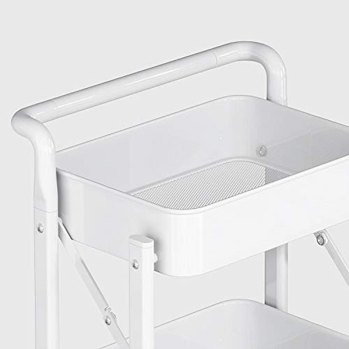 3 Tier Rolling Cart Foldable Storage Cart with Wheels No Assembly Request Kitchen Utility Organizer with Handing Cup, White