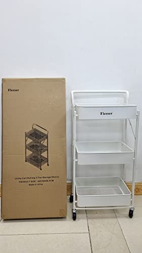 3 Tier Rolling Cart Foldable Storage Cart with Wheels No Assembly Request Kitchen Utility Organizer with Handing Cup, White