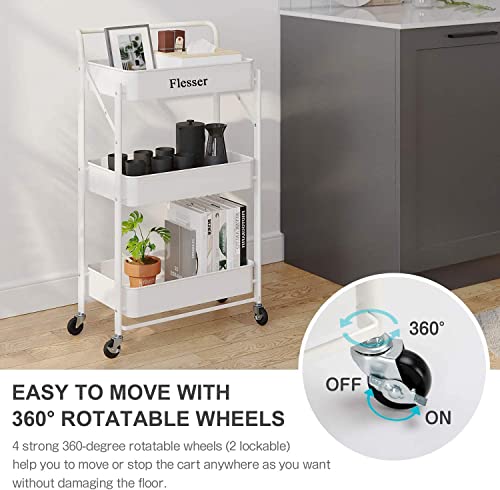 3 Tier Rolling Cart Foldable Storage Cart with Wheels No Assembly Request Kitchen Utility Organizer with Handing Cup, White