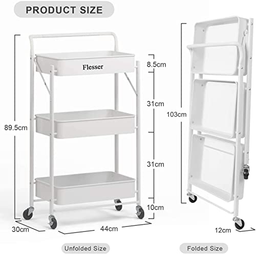 3 Tier Rolling Cart Foldable Storage Cart with Wheels No Assembly Request Kitchen Utility Organizer with Handing Cup, White
