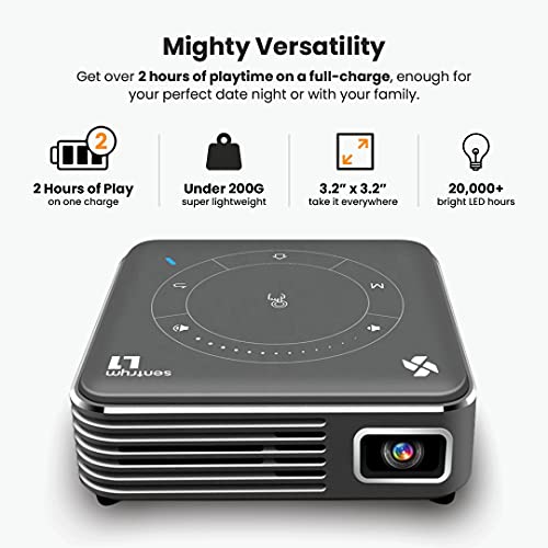 Sentrym L1 Ultra Mini 3D Portable Projector, Android 9.0, Bluetooth 5.0, Dual Band Wi-Fi, 16GB, 2GB Ram, 2 Hour Battery Life, Touch Navigation, Auto Keystone, 0.4lb (Free Tripod Stand Included!)