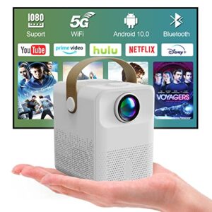 mini portable projector with 5g wifi & bluetooth, android 10.0 os home video projector 1080p supported 150” display & zoom 5000 led lumen outdoor movie compatible with tablet/phone/pc/tv stick/ps5