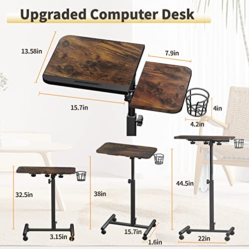 LvnRaay Laptop Table Height Adjustable Desk with Wheels Cup Holder, Laptop Sit to Stand Up Desk Portable Rolling Desk, 40'' Mobile Laptop Stand with Tilting Tabletop Laptop Stand for Couch (Brown)