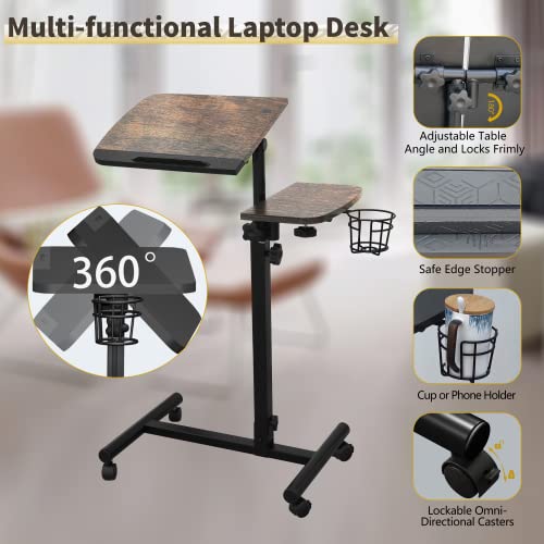 LvnRaay Laptop Table Height Adjustable Desk with Wheels Cup Holder, Laptop Sit to Stand Up Desk Portable Rolling Desk, 40'' Mobile Laptop Stand with Tilting Tabletop Laptop Stand for Couch (Brown)