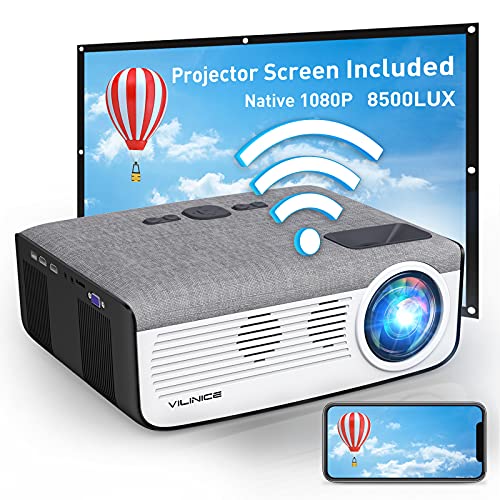 WiFi Projector with 100" Projector Screen, VILINICE Native 1080p 8500L Bluetooth Projector 4k Supported Movie Projector 100,000 Life Hours Compatible with TV Stick, Roku,HDMI,USB,TF,VGA,AUX,AV