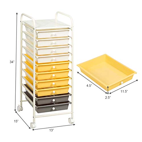 KOTEK 10-Drawer Rolling Storage Cart, Multipurpose Utility Cart Mobile Craft Cart w/Drawers & Wheels, Home Office School Tools Scrapbook Paper Organizer (Yellow)