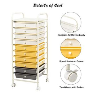 KOTEK 10-Drawer Rolling Storage Cart, Multipurpose Utility Cart Mobile Craft Cart w/Drawers & Wheels, Home Office School Tools Scrapbook Paper Organizer (Yellow)