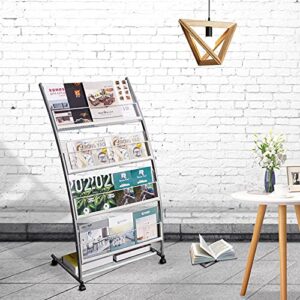 XIDIANOK Brochure Display Stand , Floor-Standing Magazine Rack with 4 Pockets , Information Rack With casters Easy to Move for Trade Show Exhibitions Office Retail Store 44.1" H