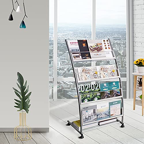 XIDIANOK Brochure Display Stand , Floor-Standing Magazine Rack with 4 Pockets , Information Rack With casters Easy to Move for Trade Show Exhibitions Office Retail Store 44.1" H