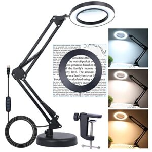 2in1 magnifying glass with light and stand, 8x real glass desk magnifier with light, 3 color modes stepless dimmable, desk lamp & clamp lighted magnifier for hobby reading crafts repair close works