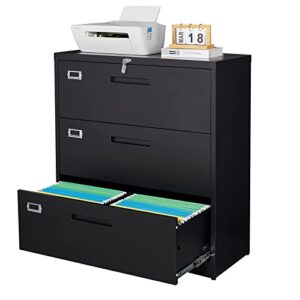lissimo 3 drawer metal file cabinet with lock，under desk office storage filing cabinet for legal/letter/a4 file, hanging file folders(black)