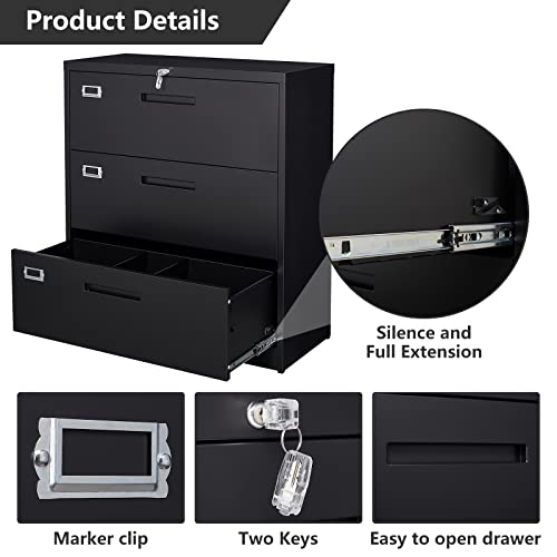 LISSIMO 3 Drawer Metal File Cabinet with Lock，Under Desk Office Storage Filing Cabinet for Legal/Letter/A4 File, Hanging File Folders(Black)