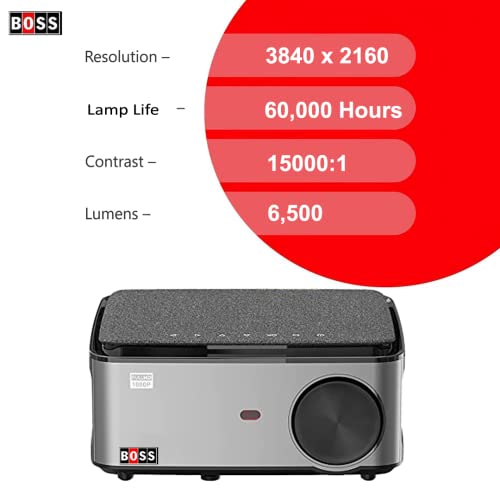 Boss S21A | Android 9 | 3840 x 2160 Ultra HD 6500 Lumen Display | Contrast Ratio 15000:1 | 4D Digital Keystone & Zoom, WiFi & Bluetooth | Home/Office/Educational Institute Purpose Projector