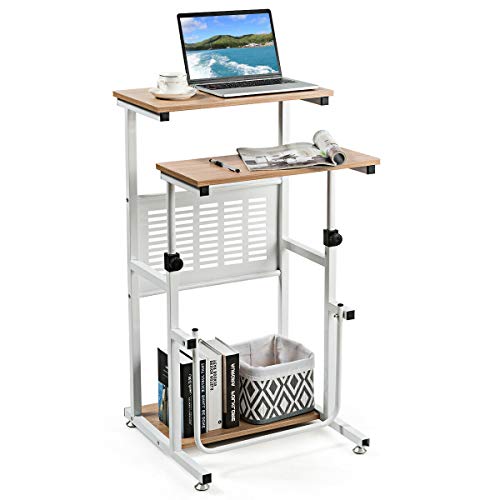 Tangkula Small Standing Desk, Height Adjustable Teacher Podium Stand, Compact Standing Table Lectern Podium, Laptop Desk with Footrest, Suitable for Sitting or Standing