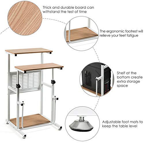 Tangkula Small Standing Desk, Height Adjustable Teacher Podium Stand, Compact Standing Table Lectern Podium, Laptop Desk with Footrest, Suitable for Sitting or Standing