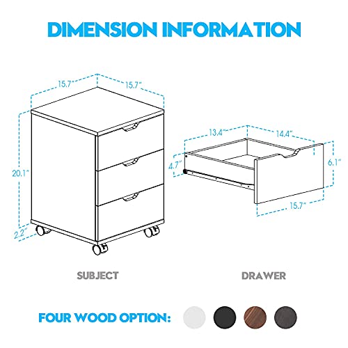 3 Drawer Wood Rolling Office Filing Cabinet for Desk (Black)