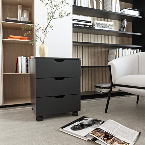 3 Drawer Wood Rolling Office Filing Cabinet for Desk (Black)