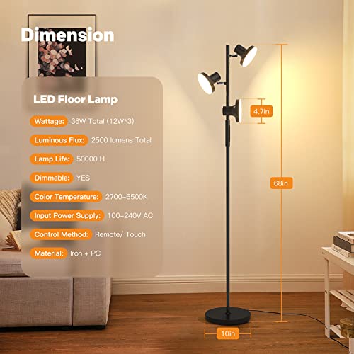 SIBRILLE LED Floor Lamp, 36W Modern Dimmable Standing Tree Lamp with Remote & Touch Control, 4 Color Temperatures, 3 Rotatable LED Light Farmhouse Floor Lamps for Living Room, Bedroom, Office, 2500LM