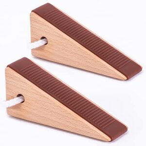 weyon wooden door stopper for bottom of door, with antiskid silicone band and hanging rope, fitting for door gap under 2 inches, 2 pack brown.