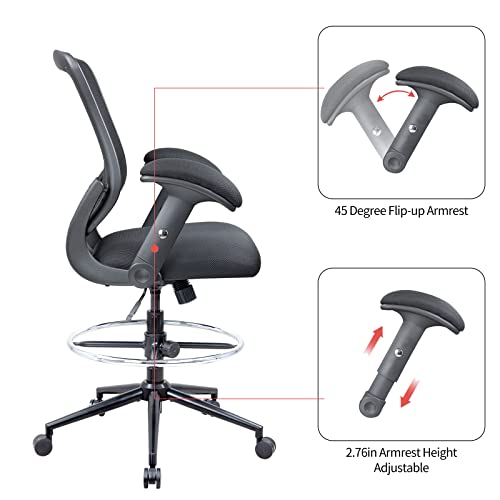 LONGBOSS Ergonomic Drafting Chair, Tall Office Chair Computer Desk Chair Standing Desk Stool with Adjustable Foot Ring and Flip-Up Arms (Black)