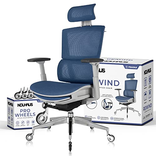 Nouhaus Rewind Ergonomic Office Chair with Footrest and Lumbar Support. Swivel Computer Chair, Rolling Home Office Desk Chairs with Wheels, Mesh High Back Task Chair, Comfortable Office Chair (Navy)