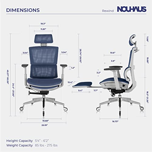 Nouhaus Rewind Ergonomic Office Chair with Footrest and Lumbar Support. Swivel Computer Chair, Rolling Home Office Desk Chairs with Wheels, Mesh High Back Task Chair, Comfortable Office Chair (Navy)