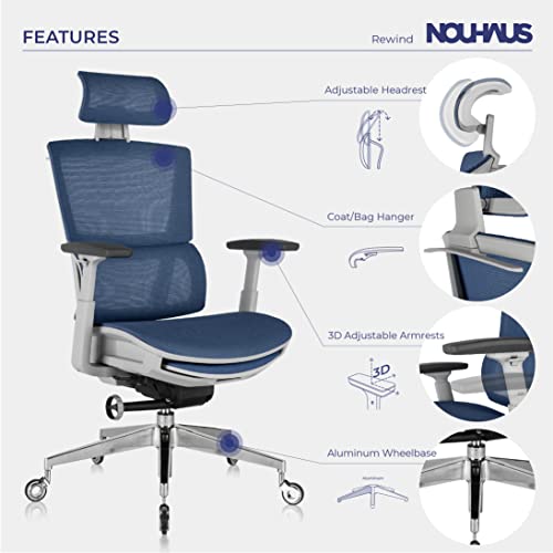 Nouhaus Rewind Ergonomic Office Chair with Footrest and Lumbar Support. Swivel Computer Chair, Rolling Home Office Desk Chairs with Wheels, Mesh High Back Task Chair, Comfortable Office Chair (Navy)