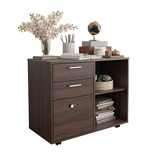 TFXATFX Brown Oak Drawer Wood File Cabinet with Coded Lock Mobile Lateral Filing Cabinet Printer Stand with Open Storage Shelves for Home Office Modern Popular Wood Grain